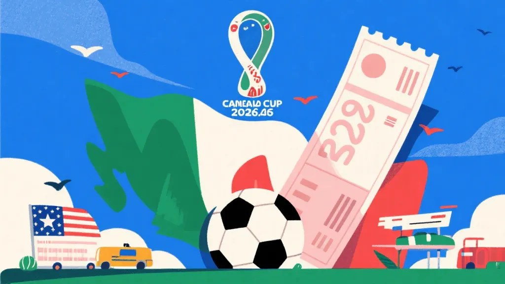 2026年美加墨世界杯概念图，包含足球与高昂旅行账单元素